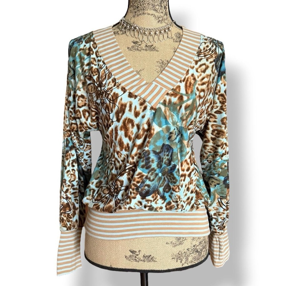 Y2K Industry Leopard Print V-Neck Long Sleeve Top Size S